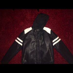 Wilsons Cycle hooded leather and denim jacket